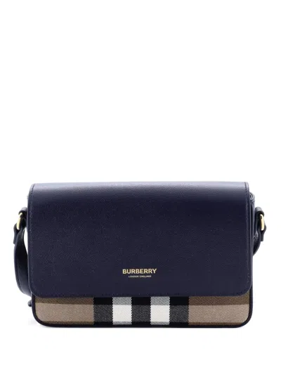 Pre-owned Burberry New Hampshire House Check Canvas And Leather Small Shoulder Bag In Blue