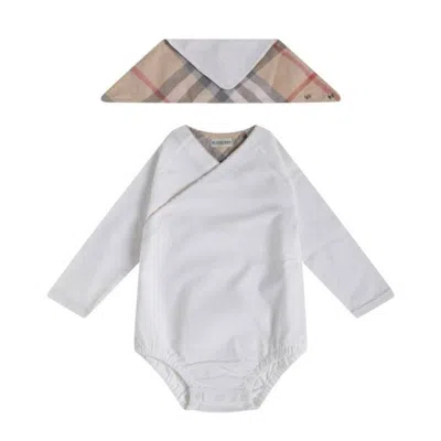 Burberry Newborn Rizza Cotton Bodysuit & Check Bandana Bib Set In White