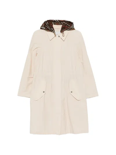 Burberry Nylon Hooded Parka Coat Long Drawstring Waist In Neutral