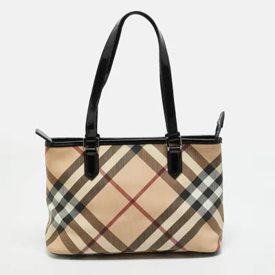 Pre-owned Burberry Nickie Large Black/beige Super Nova Check Pvc And Patent Leather Tote