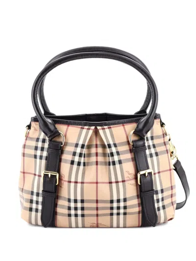Pre-owned Burberry Northfield Convertible Tote Haymarket Coated Canvas Small Satchel In Brown