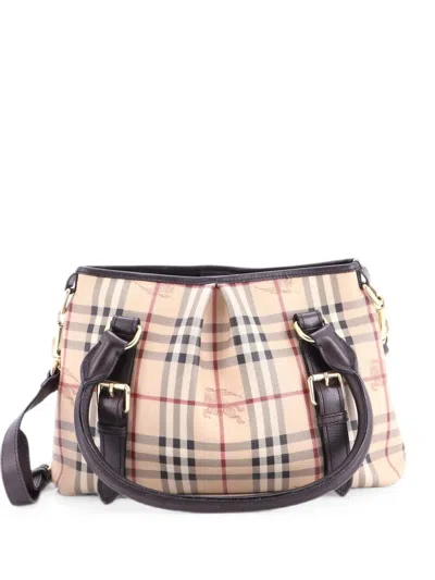 Pre-owned Burberry Northfield Convertible Tote Haymarket Coated Canvas Small Satchel In Brown