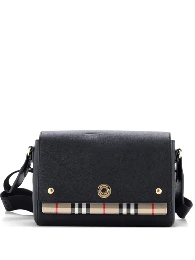 Pre-owned Burberry Note Leather With Vintage Check Canvas Medium Crossbody Bag In Black