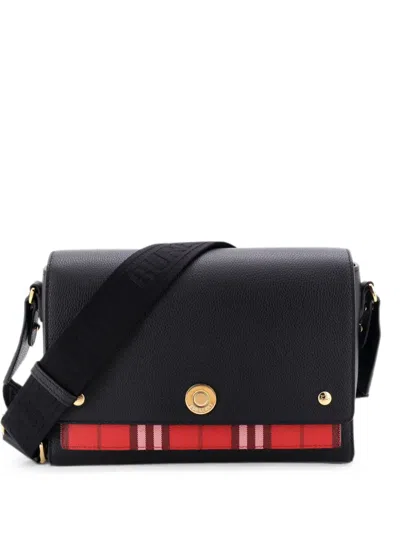 Pre-owned Burberry Note Leather With Vintage Check Canvas Medium Crossbody Bag In Black