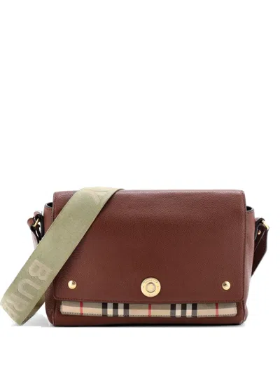 Pre-owned Burberry Note Leather With Vintage Check Canvas Medium Crossbody Bag In Brown