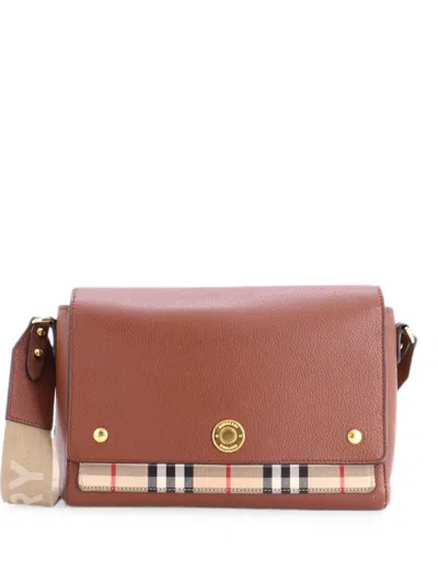 Pre-owned Burberry Note Leather With Vintage Check Canvas Medium Crossbody Bag In Brown