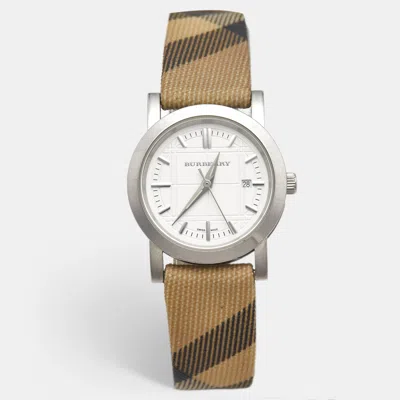 Pre-owned Burberry Nova Check Bu1387 Silver Dial Stainless Steel Calfskin Women's Wristwatch 28mm