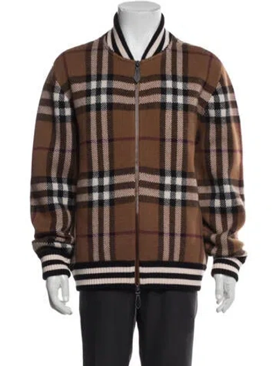 Pre-owned Burberry Nova Check Pattern Cashmere Bomber Jacket In Brown