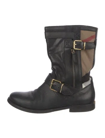 Pre-owned Burberry Nova Check Pattern Leather Moto Boots In Black