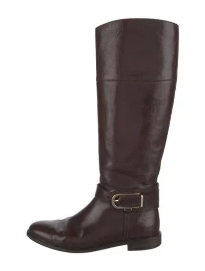 Pre-owned Burberry Nova Check Pattern Leather Riding Boots In Brown