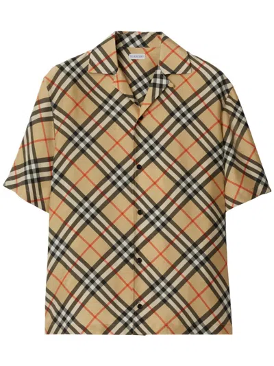 Burberry Nova Plaid Silk Cuban Collar Shirt In Neutral