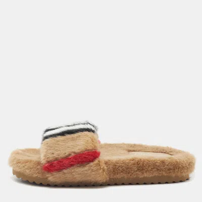 Pre-owned Burberry Nova Check Size 34 House Check Fur Flat Slides In Sand