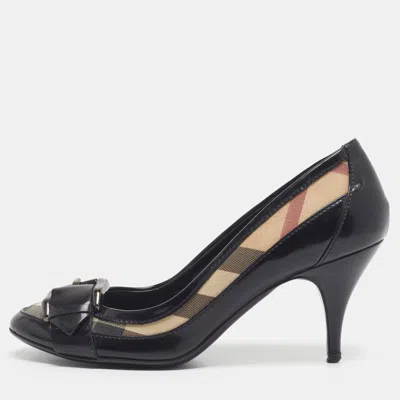 Pre-owned Burberry Nova Check Size 37 Black/beige Canvas And Patent Leather Buckle Pumps