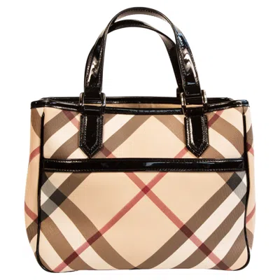 Pre-owned Burberry Nova Check Women's Top Handle Tote Shopper With Black Patent Trim