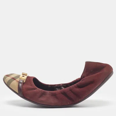 Pre-owned Burberry Novacheck Size 39.5 Burgundy Canvas And Suede Twistlock Drayton Cap Toe Ballet Flats