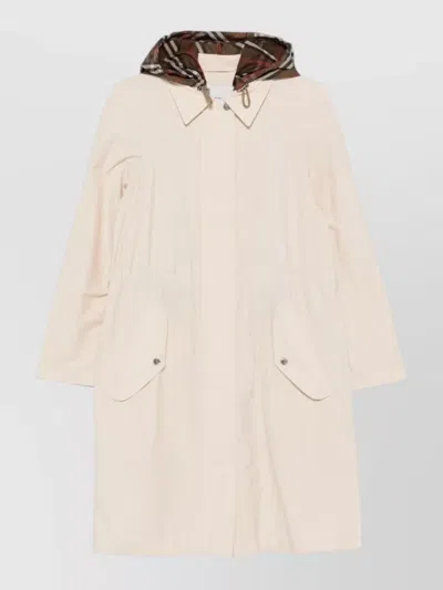 Burberry Nylon Hooded Parka Coat Long Drawstring Waist In Neutral