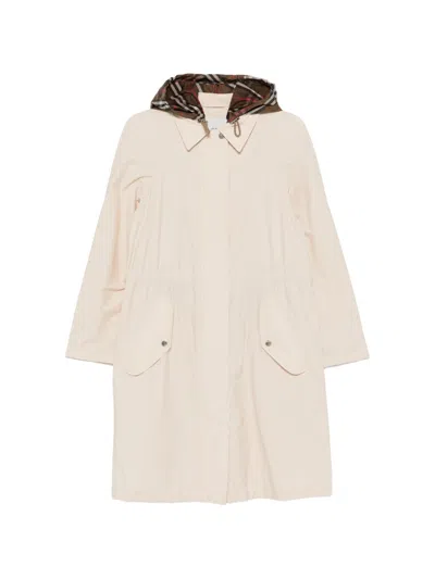 Burberry Nylon Hooded Parka Coat Long Drawstring Waist In Neutral