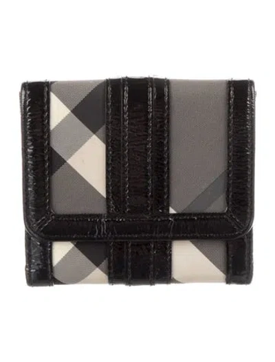 Pre-owned Burberry Nylon Plaid Print Compact Wallet In Black