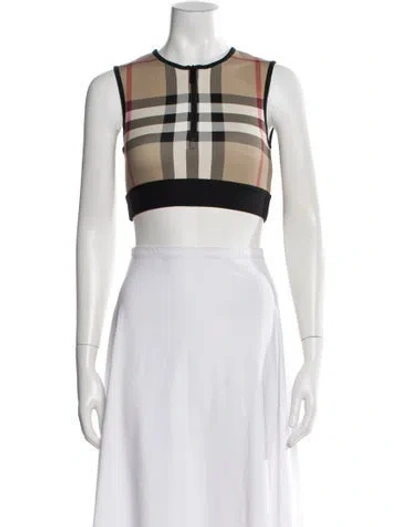 Pre-owned Burberry Nylon Plaid Print Sports Bra W/ Tags In Brown