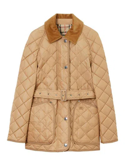 Burberry Diamond-quilted Belted Jacket In Beige