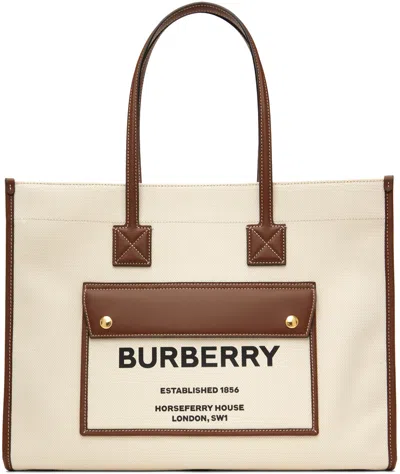 Burberry Off-white & Tan Medium Freya Tote In Natural/tan