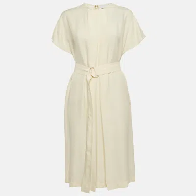 Pre-owned Burberry Off-white Crepe Belted Midi Dress S