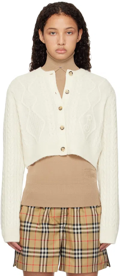 Burberry Off-white Cropped Aran Wool Blend Cardigan In Snow