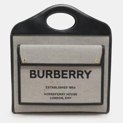Pre-owned Burberry Off-white/black Canvas And Leather Large Pocket Tote