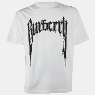 Pre-owned Burberry Off White/black Printed Cotton Crew Neck T Shirt Xs