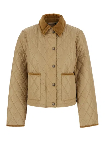 BURBERRY BURBERRY WOMEN 'OLDHAM' BEIGE QUILTED JACKET WITH CORDUROY COLLAR IN TECH FABRIC WOMAN