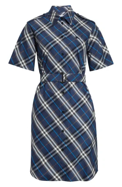 Burberry Olive Check Belted Cotton Shirtdress In Blue