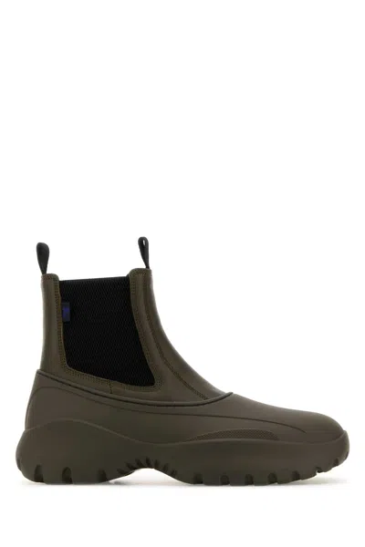 Burberry Olive Green Leather And Rubber Chelsea Scoot Ankle Boots