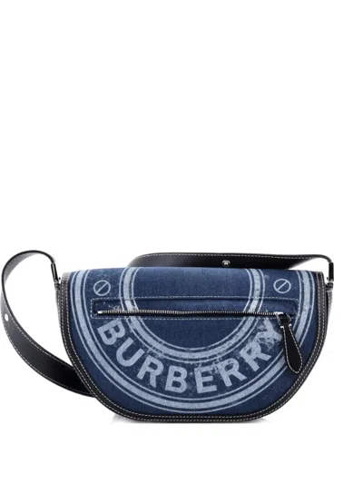 Pre-owned Burberry Olympia Flap Bag Printed Denim With Leather Small Shoulder Bag In Black