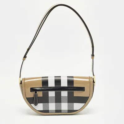 Pre-owned Burberry Olympia Small Beige Check Patent And Leather Shoulder Bag In Sand