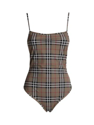 Burberry One-piece Swimsuit With Vintage Check Pattern In Beige