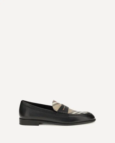 Burberry Opal Leather And Check Loafers In Black
