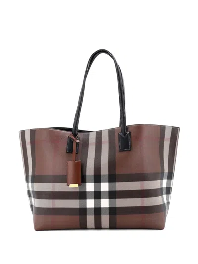Pre-owned Burberry Open Check E-canvas Large Tote Bag In Brown