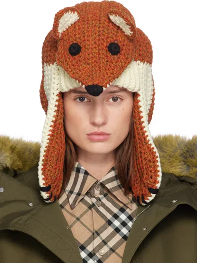 Burberry Orange Wool Fox Beanie In Black/white/orange