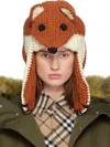 Burberry Orange Wool Fox Beanie In Black/white/orange