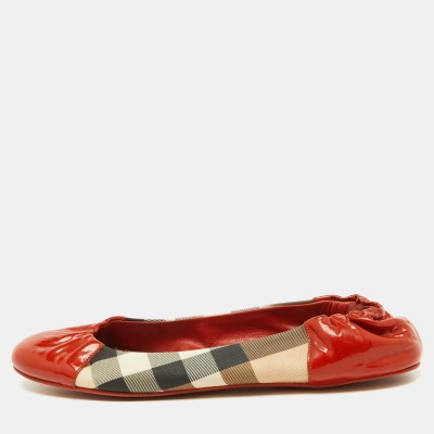 Pre-owned Burberry Orange/beige Patent Leather And Nova Check Coated Canvas Scrunch Ballet Flats Size 39.5