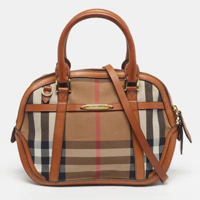 Pre-owned Burberry Orchard Tan/beige House Check Fabric And Leather Bowler Bag In Brown
