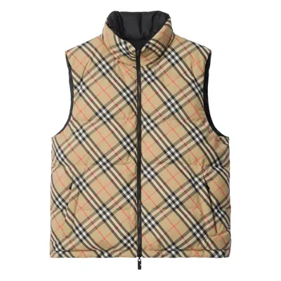 Burberry Beige Sleeveless Reversible Down Jacket With High Neck And All-over Check Motif In Tech Fabric Man In Neutral