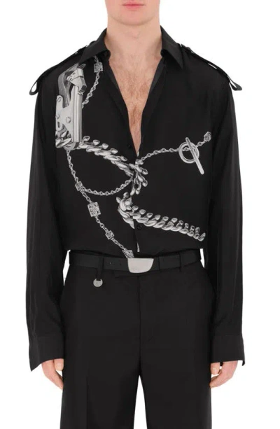 Burberry Oversize Chain Print Silk Poplin Button-up Shirt In Black