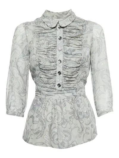 Pre-owned Burberry Paisley-print Gathered Top In Gray