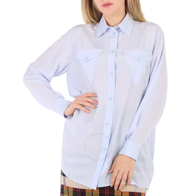 Burberry Pale Blue Irem Silk Crepe De Chine Logo Detail Oversized Shirt