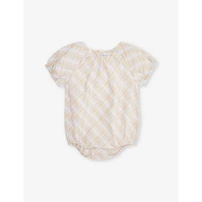 Burberry Babies'  Pale Stone Ip Check Odessa Check-print Cotton-poplin Romper 3-18 Months In Neutral