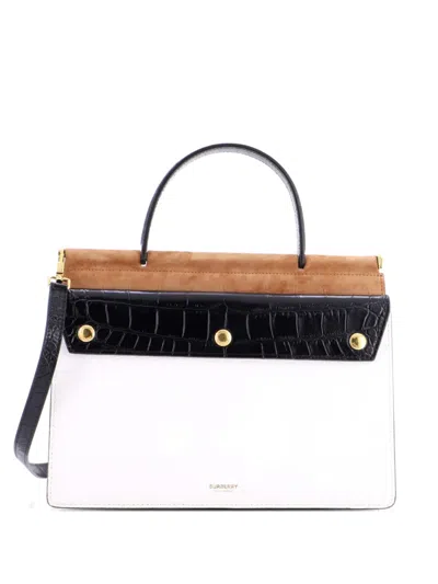 Pre-owned Burberry Panelled Title Front Pocket Top Handle Bag Embossed Leather And Suede Small Shoulder Bag In Black