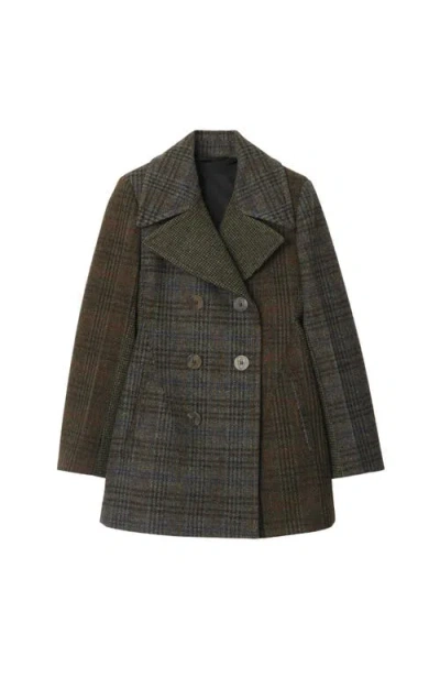 Burberry Patchwork Check Wool Pea Coat In Hazel/cobble