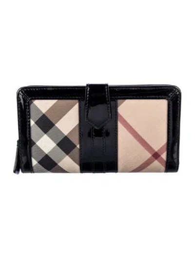 Pre-owned Burberry Patent Leather Plaid Print Continental Wallet In Neutral