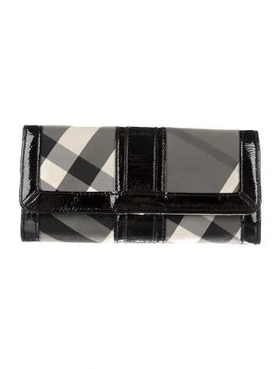 Pre-owned Burberry Patent Leather Plaid Print Wallet In Black